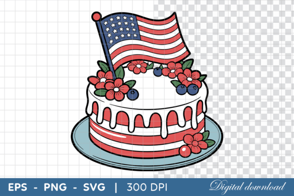 American Flag Cake with Berries, Flowers Graphics