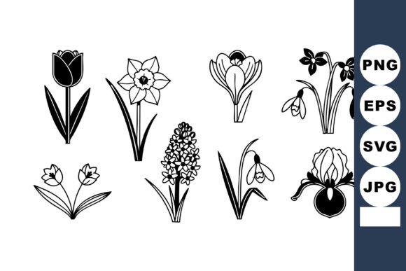 Black and White Spring Flowers Vector Set for Graphics and Illustrations