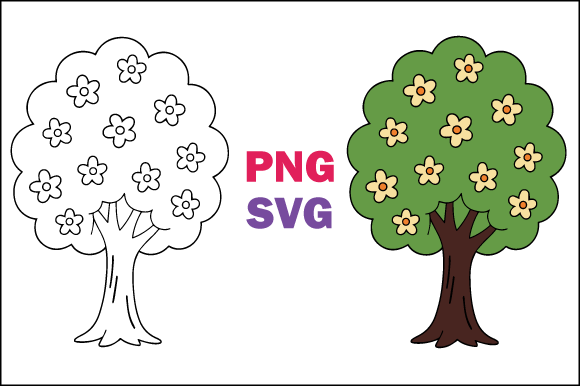 Black and White Tree with Flowers Illustration for Graphics