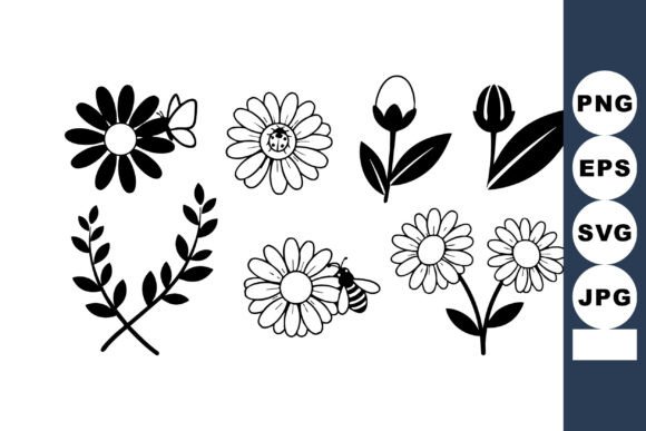 Black and White Vector Flowers with Bee Graphics