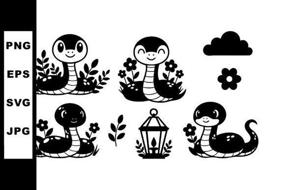 Cute Cartoon Snakes with Flowers and Graphics