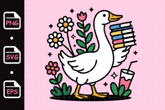 Cute Goose Carrying Books with Flowers Graphics
