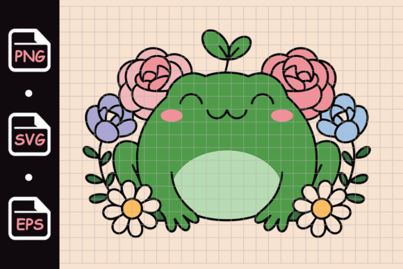 Cute Happy Frog with Flowers Cartoon Graphics