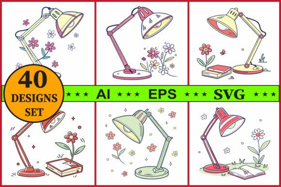 Desk Lamp with Flowers Vector Set