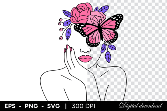 Elegant Woman with Butterfly and Flowers Graphic Illustration