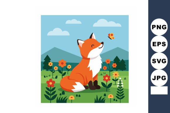 Fox Sitting Among Flowers and Mountains Graphics