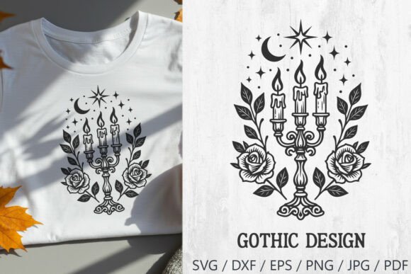 Gothic Candleholder with Roses and Moon Graphics