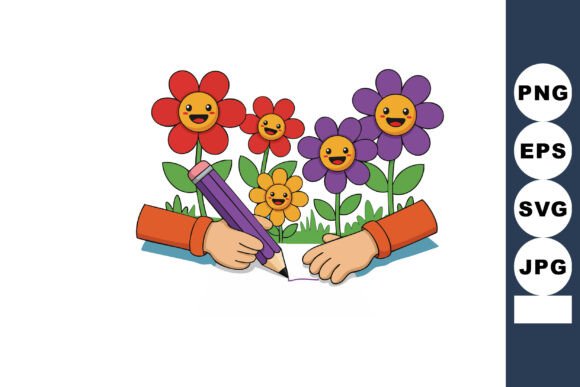 Happy Colorful Smiling Flowers Drawing W: A Graphic Asset for Playful Branding