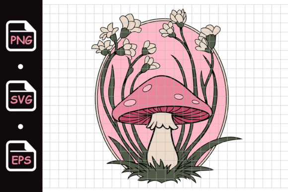 Pink Mushroom with Flowers and Grass Graphics