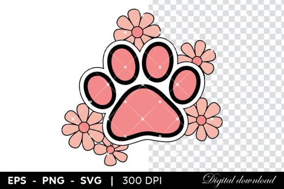 Pink Paw Print with Flowers Cartoon Graphics