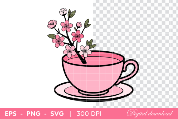 Pink Teacup with Cherry Blossom Flowers: A Versatile Graphic Design Asset