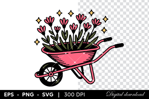 Pink Wheelbarrow W Blooming Flowers Illustration
