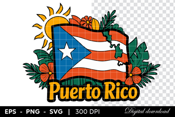 Puerto Rico Flag with Tropical Flowers Graphics