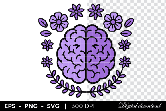 Purple Brain with Flowers for Alzheimer Graphics