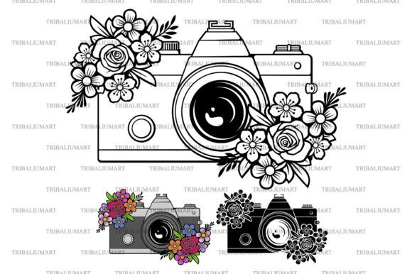 Retro Camera with Flowers Graphics