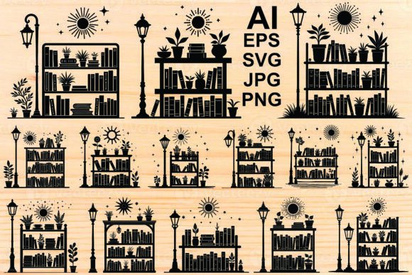 Silhouette Bookcase Flowers Books Vector Graphics