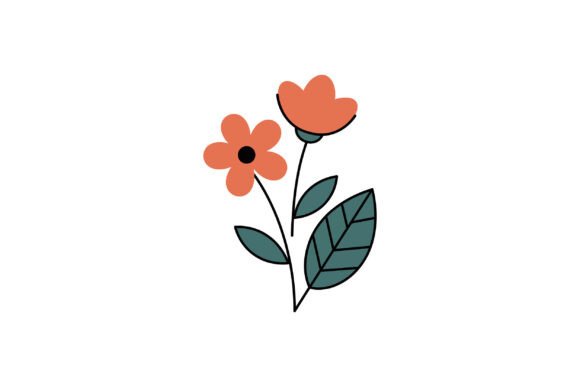 Simple Two Orange Flowers with Green Leaves Graphics