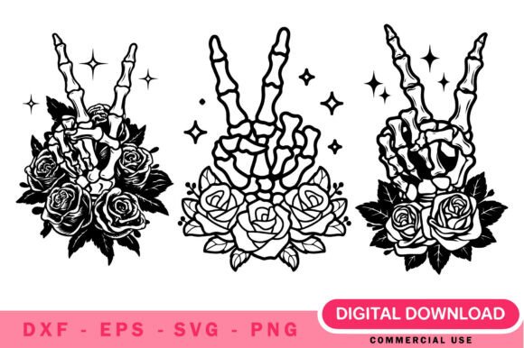 Skeletal Peace Hand Flowers SVG — Gothic Boho Graphic Design