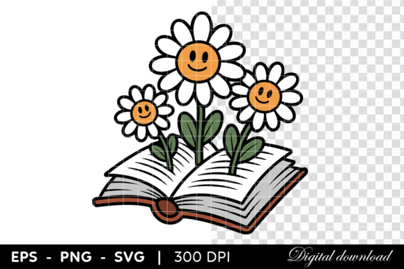 Smiling Daisy Flowers Growing from Book Graphics