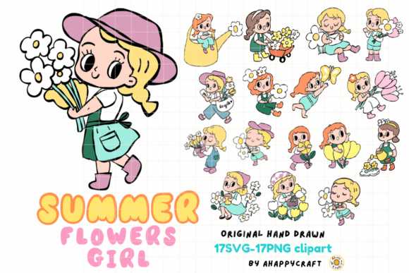 Summer Flowers Girl Cartoon Graphics for Editorial and Web Use