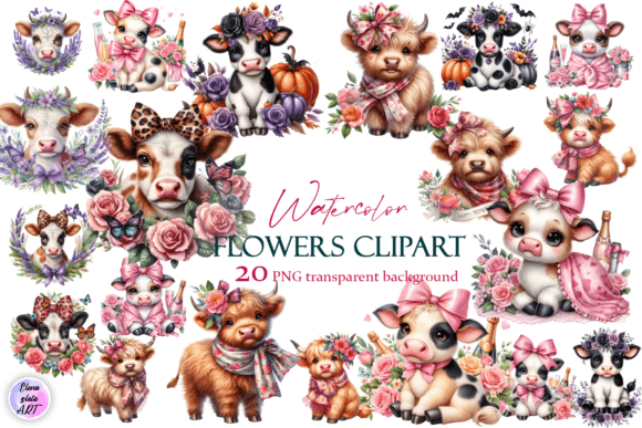 Watercolor Baby Cute Cow Flowers Graphics