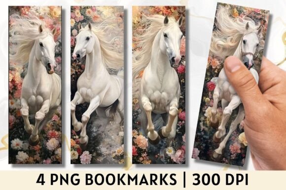 Watercolor Horse with Flowers Bookmark Graphics