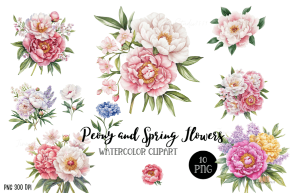 Watercolor Peony and Spring Flowers Graphics
