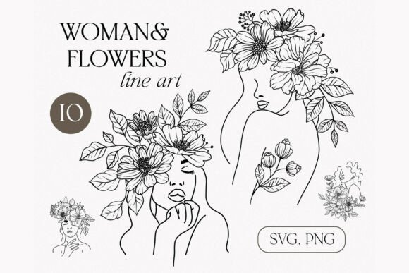 Woman and Flowers Face Line Art Portrait