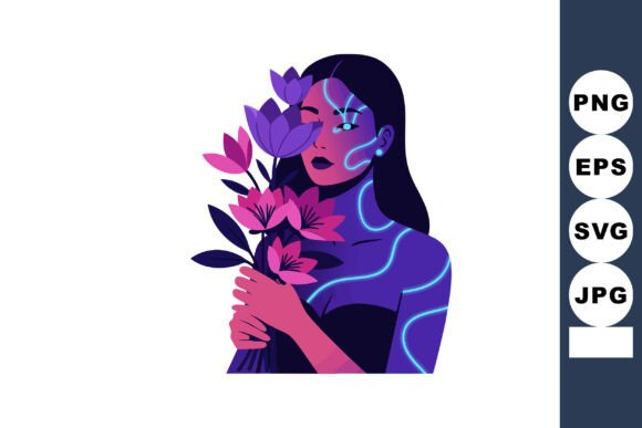 Woman Holding Flowers with Neon Glowing Graphics